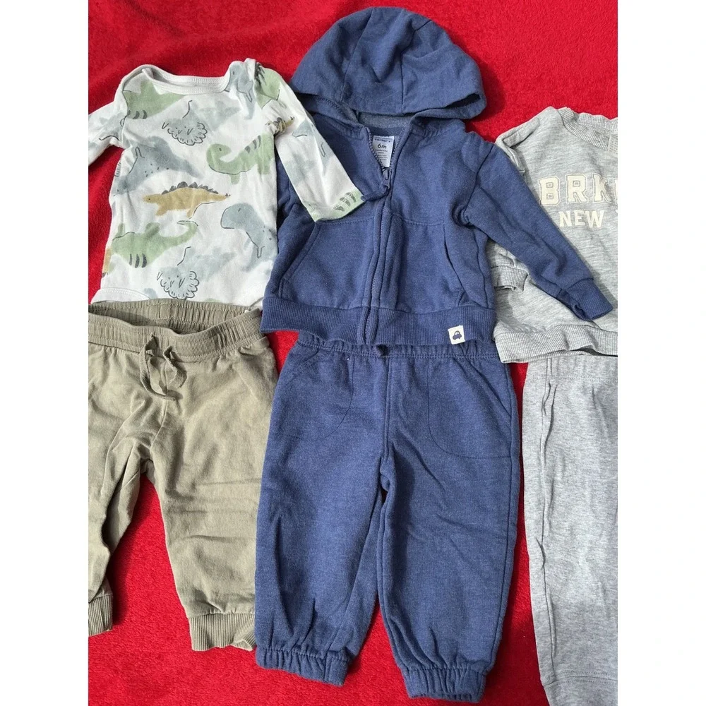 Carter's H&M Baby Boy Outfit Set Bundle 6M Blue Grey Dinosaur Car 7pc Good